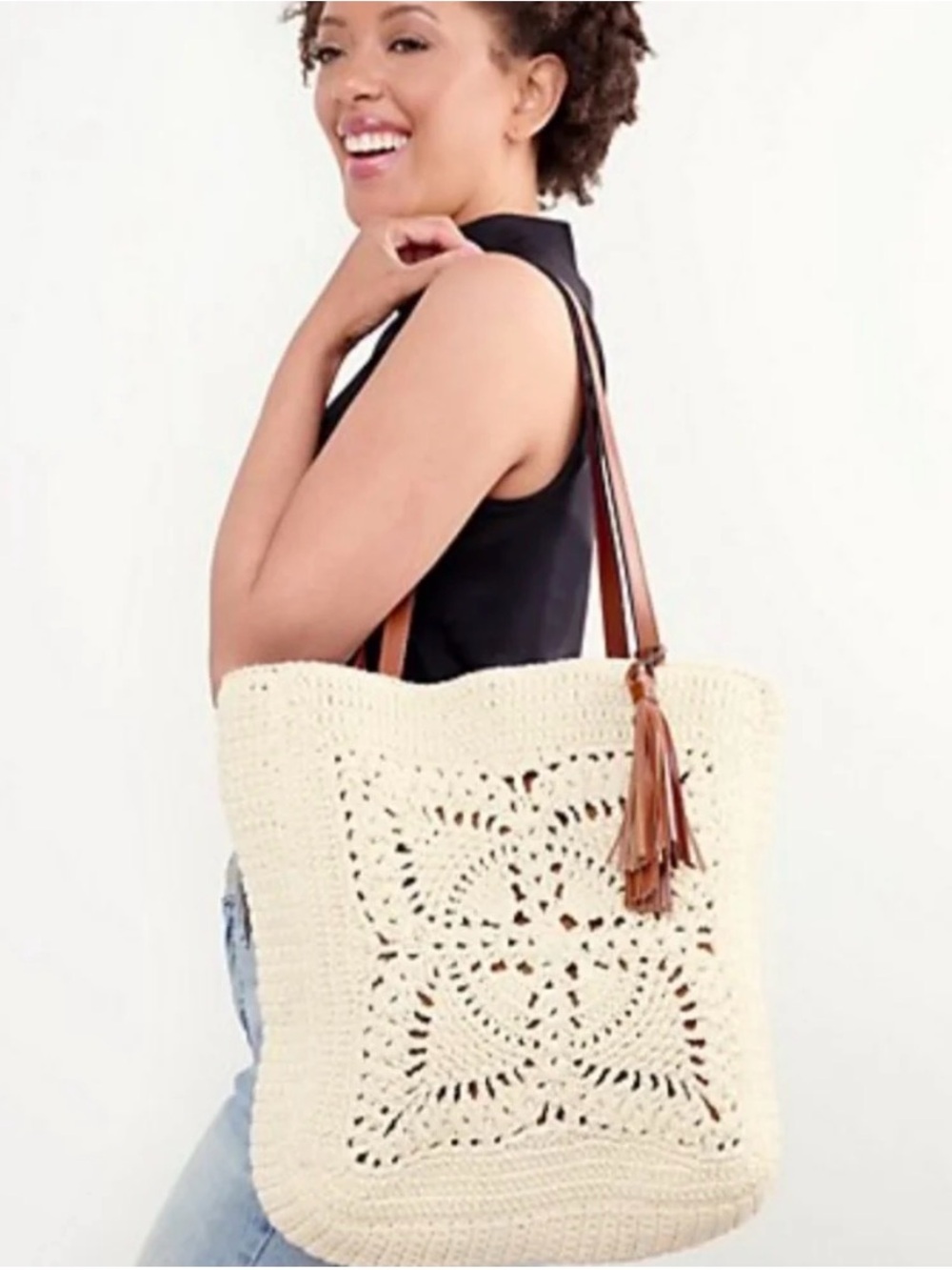 Patricia Nash Naomi Cream Crochet Tote with Tan Leather Straps